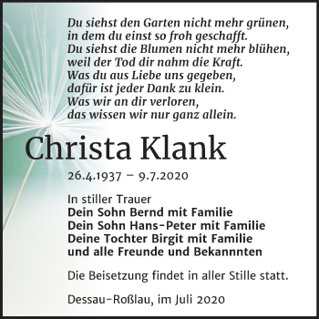 Traueranzeige von Christa Klank von Mitteldeutsche Zeitung Dessau-Roßlau