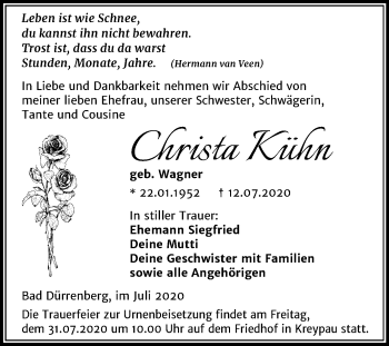 Traueranzeige von Christa Kühn von Mitteldeutsche Zeitung Merseburg/Querfurt
