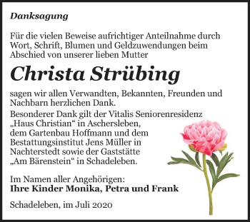Traueranzeige von Christa Strübing von Super Sonntag Aschersleben