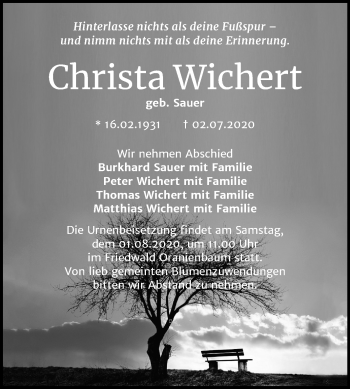 Traueranzeige von Christa Wichert von Mitteldeutsche Zeitung Wittenberg