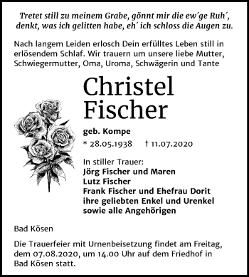 Traueranzeige von Christel Fischer von Wochenspiegel Naumburg/Nebra