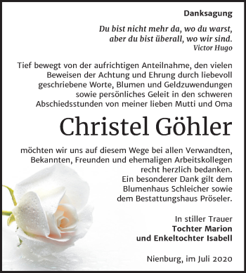 Traueranzeige von Christel Göhler von Mitteldeutsche Zeitung Bernburg