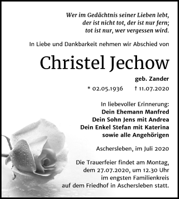 Traueranzeige von Christel Jechow von Mitteldeutsche Zeitung Aschersleben