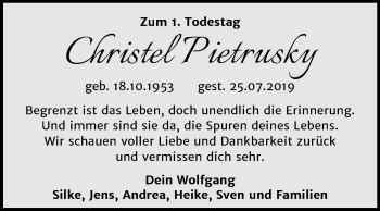 Traueranzeige von Christel Pietrusky von Mitteldeutsche Zeitung Sangerhausen
