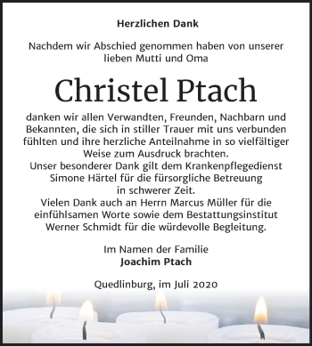 Traueranzeige von Christel Ptach von Super Sonntag Quedlinburg
