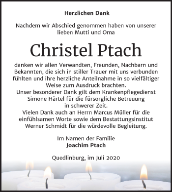 Traueranzeige von Christel Ptach von Mitteldeutsche Zeitung Quedlinburg