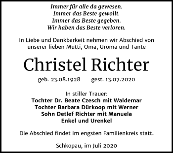 Traueranzeige von Christel Richter von Mitteldeutsche Zeitung Merseburg/Querfurt