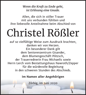 Traueranzeige von Christel Rößler von Mitteldeutsche Zeitung Bitterfeld