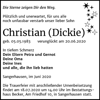 Traueranzeige von Christian  von Super Sonntag Sangerhausen