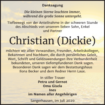 Traueranzeige von Christian Dickie von Mitteldeutsche Zeitung Sangerhausen