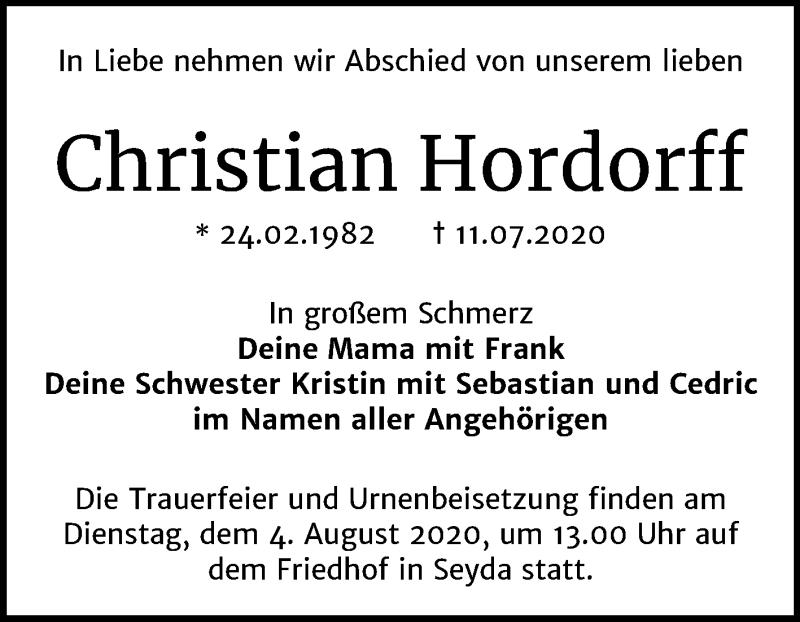  Traueranzeige für Christian Hordorff vom 18.07.2020 aus Super Sonntag Wittenberg