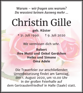 Traueranzeige von Christin Gille von Mitteldeutsche Zeitung Aschersleben