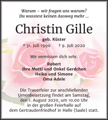 Traueranzeige von Christin Gille von Super Sonntag Aschersleben