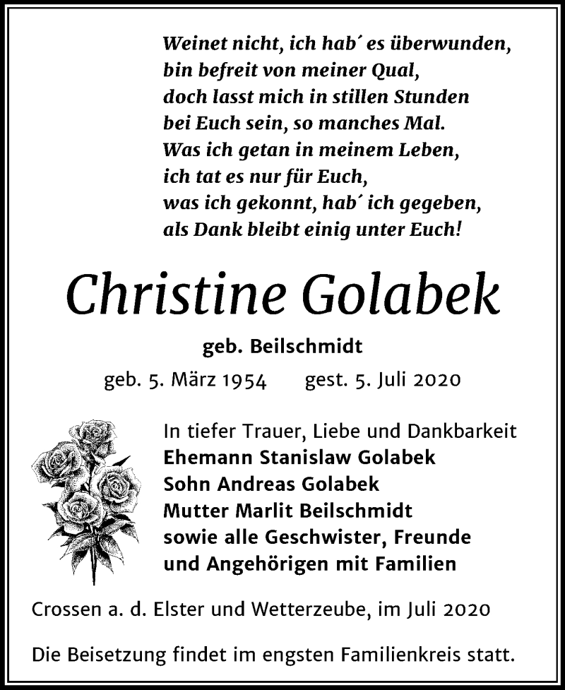 Traueranzeige für Christine Golabek vom 11.07.2020 aus Mitteldeutsche Zeitung Zeitz