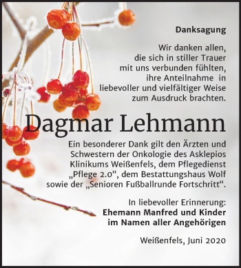 Traueranzeige von Dagmar Lehmann von Wochenspiegel Weißenfels