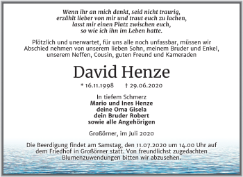 Traueranzeige von David Henze von Wochenspiegel Mansfelder Land