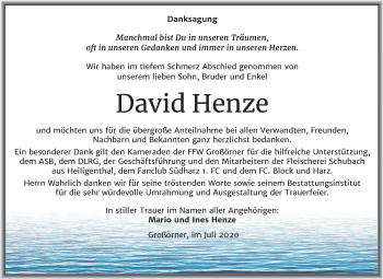 Traueranzeige von David Henze von Wochenspiegel Mansfelder Land