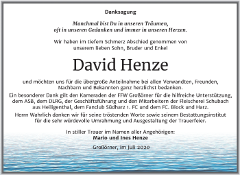 Traueranzeige von David Henze von Mitteldeutsche Zeitung Mansfelder Land