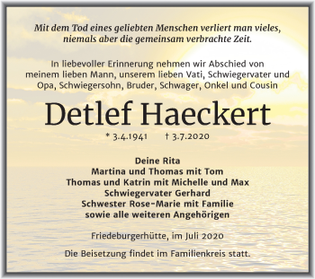 Traueranzeige von Detlef Haeckert von Mitteldeutsche Zeitung Mansfelder Land