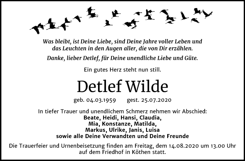  Traueranzeige für Detlef Wilde vom 30.07.2020 aus Mitteldeutsche Zeitung Köthen