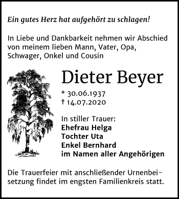 Traueranzeige von Dieter Beyer von Mitteldeutsche Zeitung Halle/Saalkreis