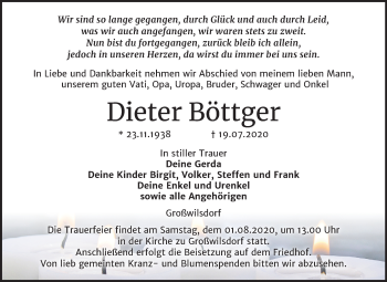 Traueranzeige von Dieter Böttger von Wochenspiegel Naumburg/Nebra