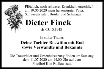 Traueranzeige von Dieter Finck von Super Sonntag Dessau-Roßlau