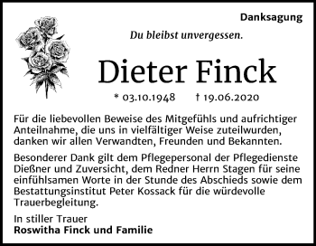 Traueranzeige von Dieter Finck von Super Sonntag Dessau-Roßlau