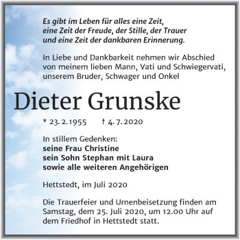 Traueranzeige von Dieter Grunske von Super Sonntag Mansfelder Land