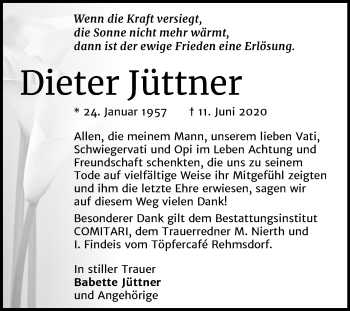 Traueranzeige von Dieter Jüttner von Super Sonntag Zeitz