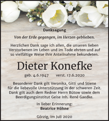 Traueranzeige von Dieter Konefke von Super Sonntag Köthen