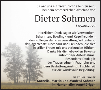 Traueranzeige von Dieter Sohmen von Super Sonntag Wittenberg
