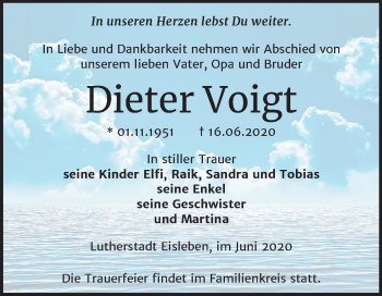 Traueranzeige von Dieter Voigt von Mitteldeutsche Zeitung Mansfelder Land