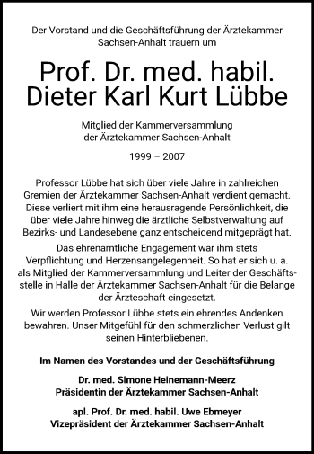 Traueranzeige von Dieter Karl Kurt Lübbe von Mitteldeutsche Zeitung Halle/Saalkreis