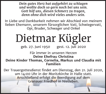 Traueranzeige von Dietmar Kügler von Mitteldeutsche Zeitung Halle/Saalkreis