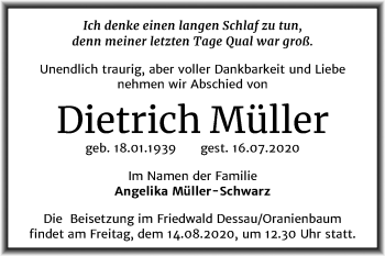 Traueranzeige von Dietrich Müller von Mitteldeutsche Zeitung Wittenberg