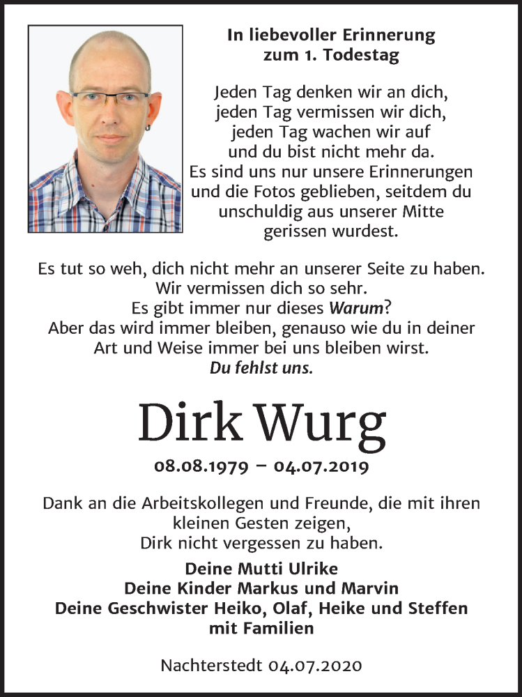  Traueranzeige für Dirk Wurg vom 04.07.2020 aus Mitteldeutsche Zeitung Aschersleben