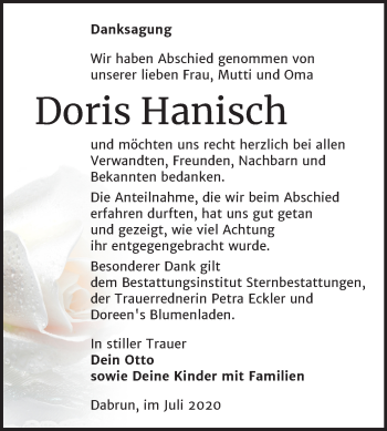 Traueranzeige von Doris Hanisch von Super Sonntag Wittenberg