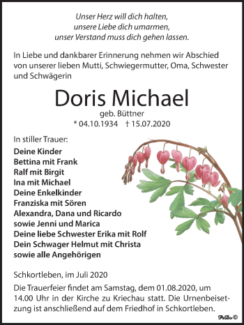 Traueranzeige von Doris Michael von Mitteldeutsche Zeitung Weißenfels