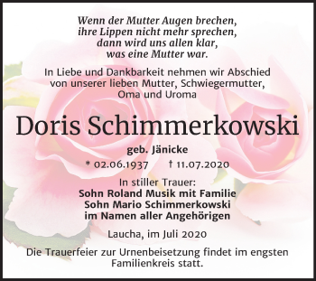 Traueranzeige von Doris Schimmerkowski von Wochenspiegel Naumburg/Nebra