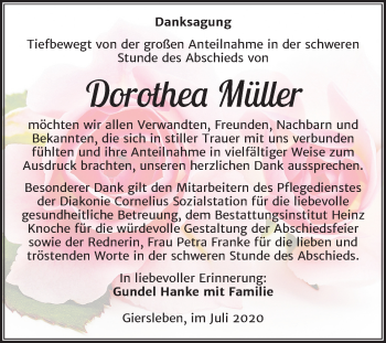 Traueranzeige von Dorothea Müller von Mitteldeutsche Zeitung Aschersleben