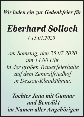 Traueranzeige von Eberhard Solloch von Super Sonntag Dessau-Roßlau