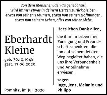 Traueranzeige von Eberhardt Kleine von Wochenspiegel Naumburg/Nebra
