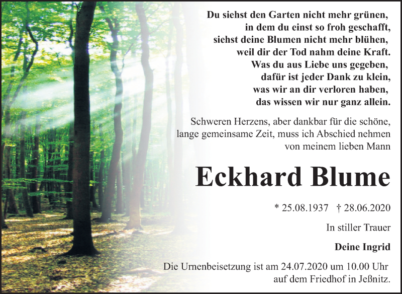  Traueranzeige für Eckhard Blume vom 11.07.2020 aus Mitteldeutsche Zeitung Bitterfeld