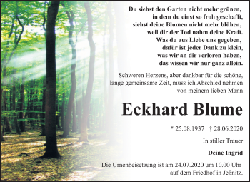 Traueranzeige von Eckhard Blume von Mitteldeutsche Zeitung Bitterfeld