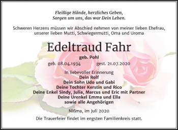 Traueranzeige von Edeltraud Fahr von Super Sonntag Zeitz