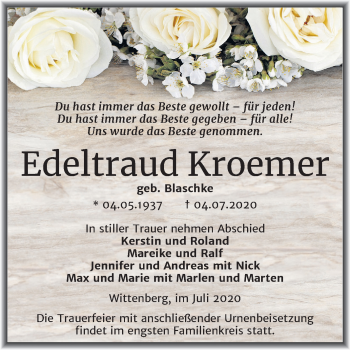 Traueranzeige von Edeltraud Kroemer von Mitteldeutsche Zeitung Wittenberg