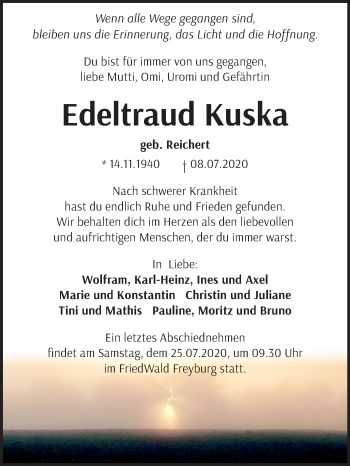 Traueranzeige von Edeltraud Kuska von Mitteldeutsche Zeitung Naumburg/Nebra