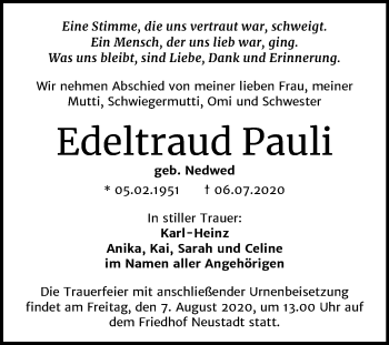 Traueranzeige von Edeltraud Pauli von Mitteldeutsche Zeitung Halle/Saalkreis / Sangerhausen