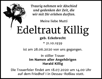 Traueranzeige von Edeltraut Killig von Mitteldeutsche Zeitung Dessau-Roßlau
